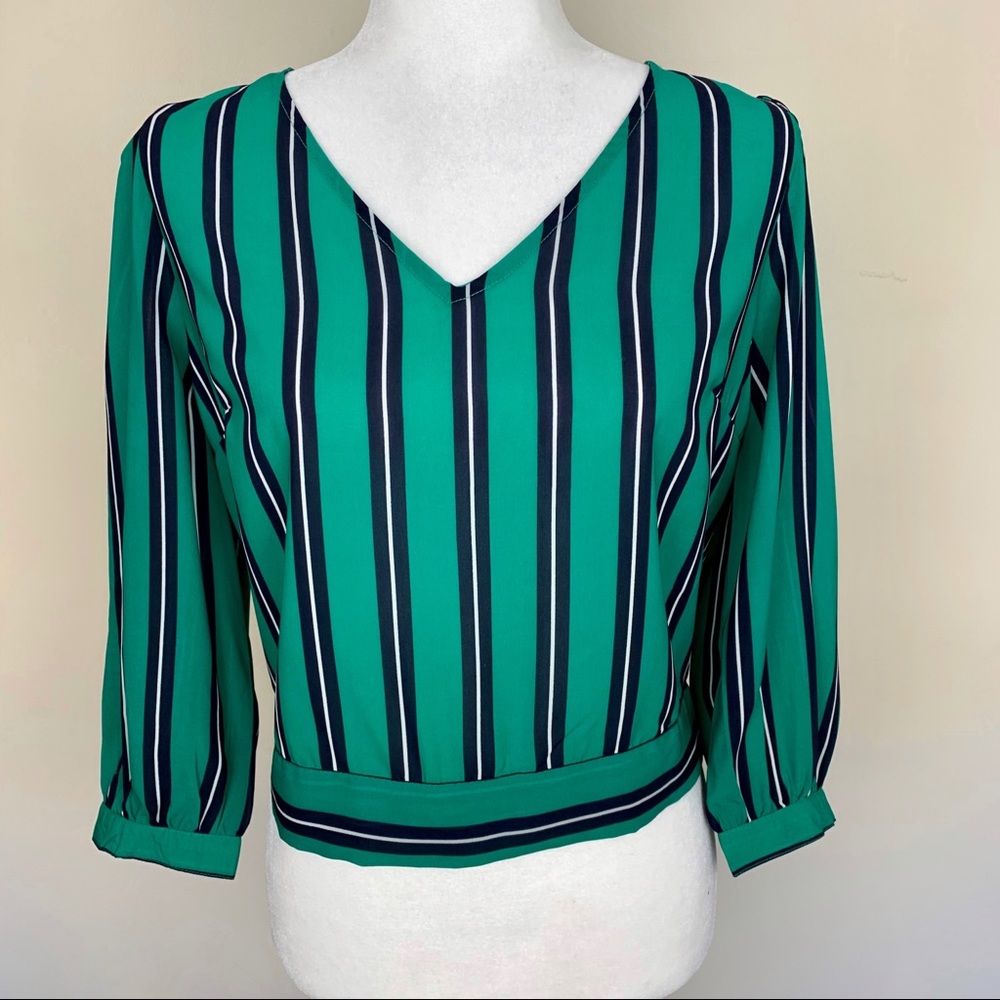 Japna Green and Blue Tie Back Striped Cropped Top